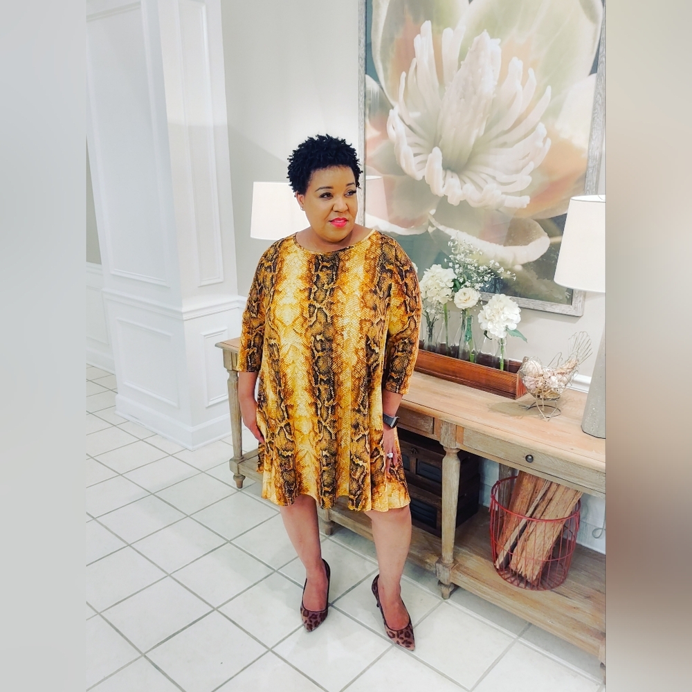 American Curvy Mustard Snakeskin Swing Dress | 1X–3X | Pockets | Statement Print